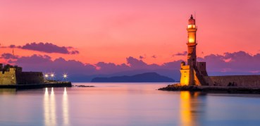 Sunset at the Venetian Lighthouse at Chania, Crete, Greece